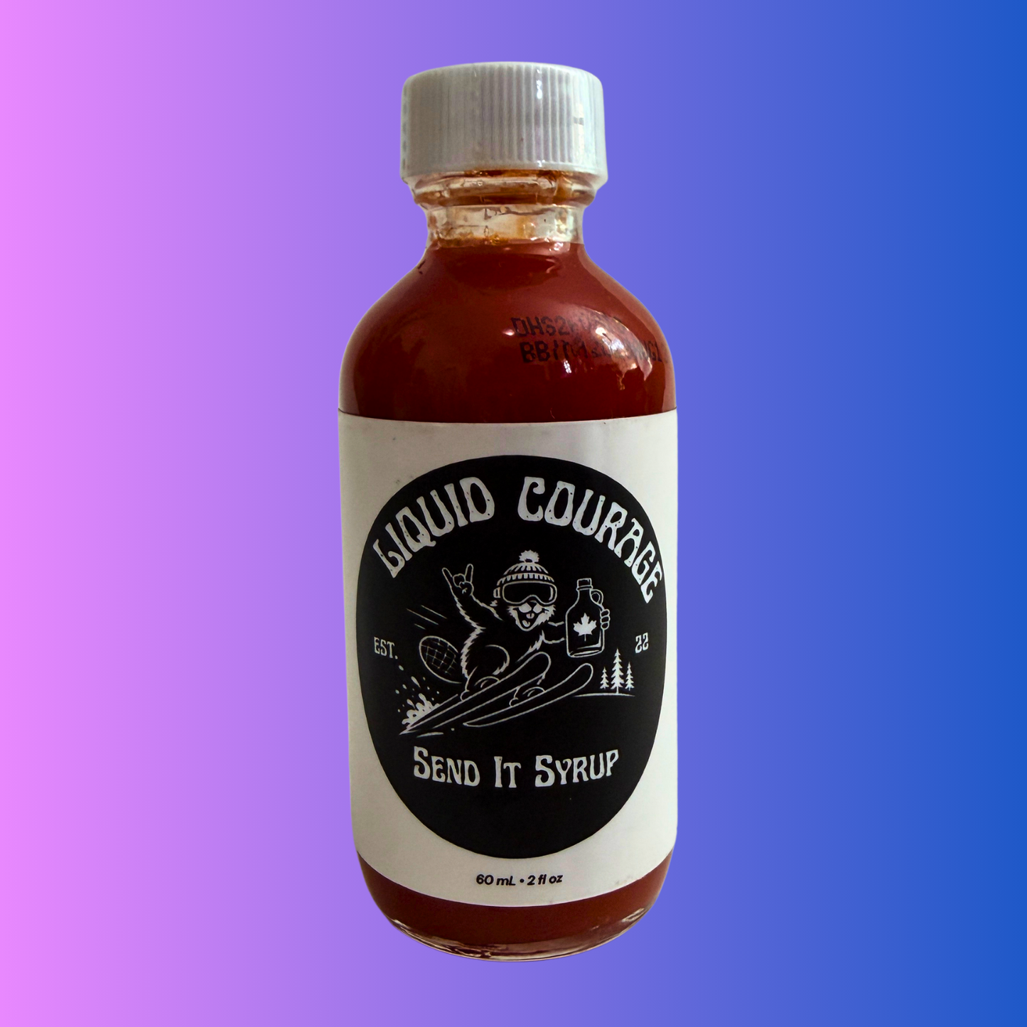 Liquid Courage Send It Syrup maple ski sauce with bottle and label