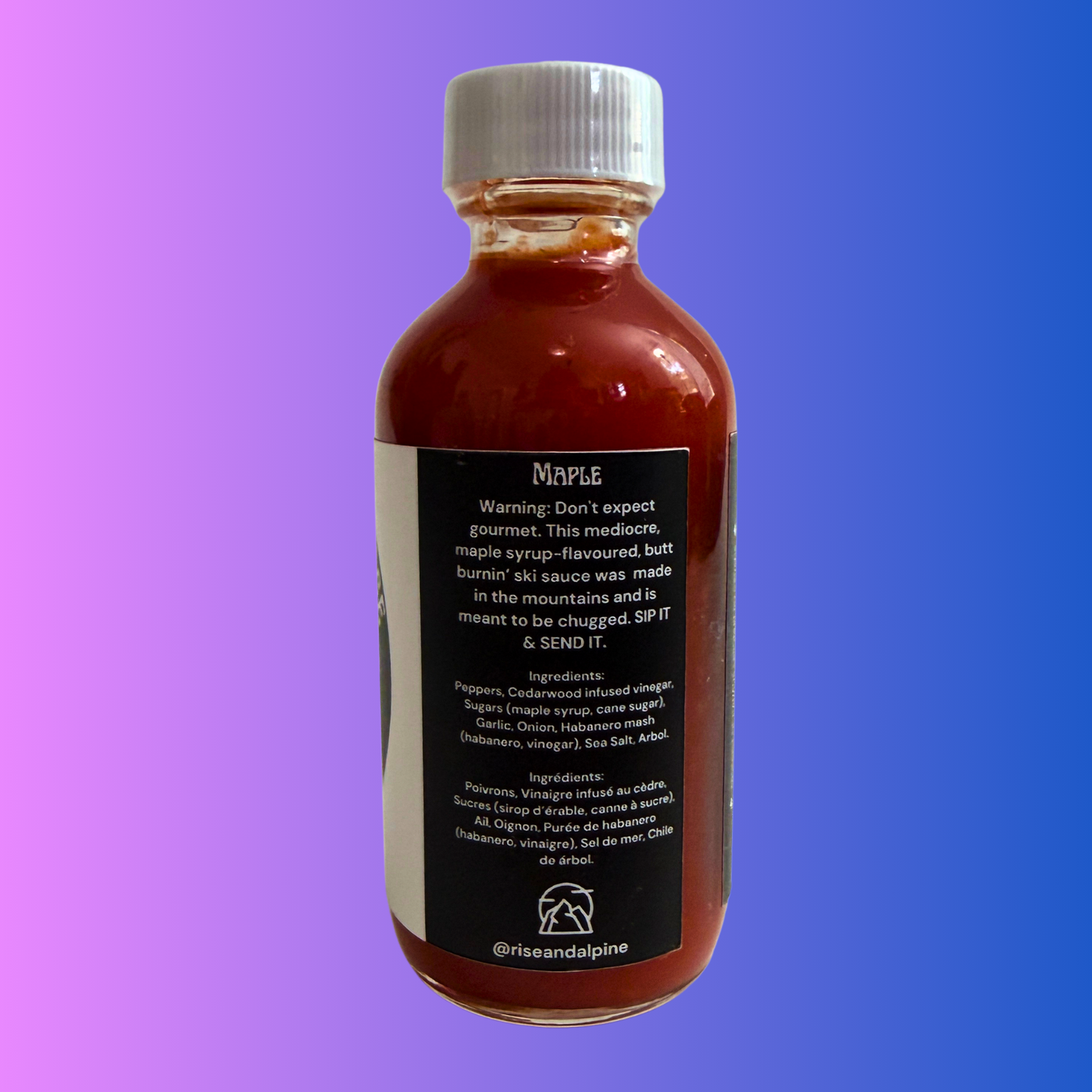 Liquid Courage Send It Syrup maple ski sauce. Side view with description. 
