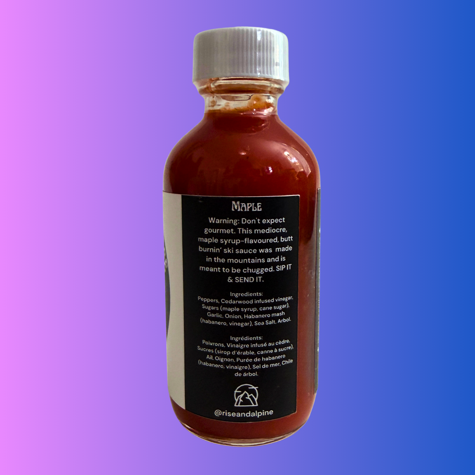 Liquid Courage Send It Syrup maple ski sauce. Side view with description. 