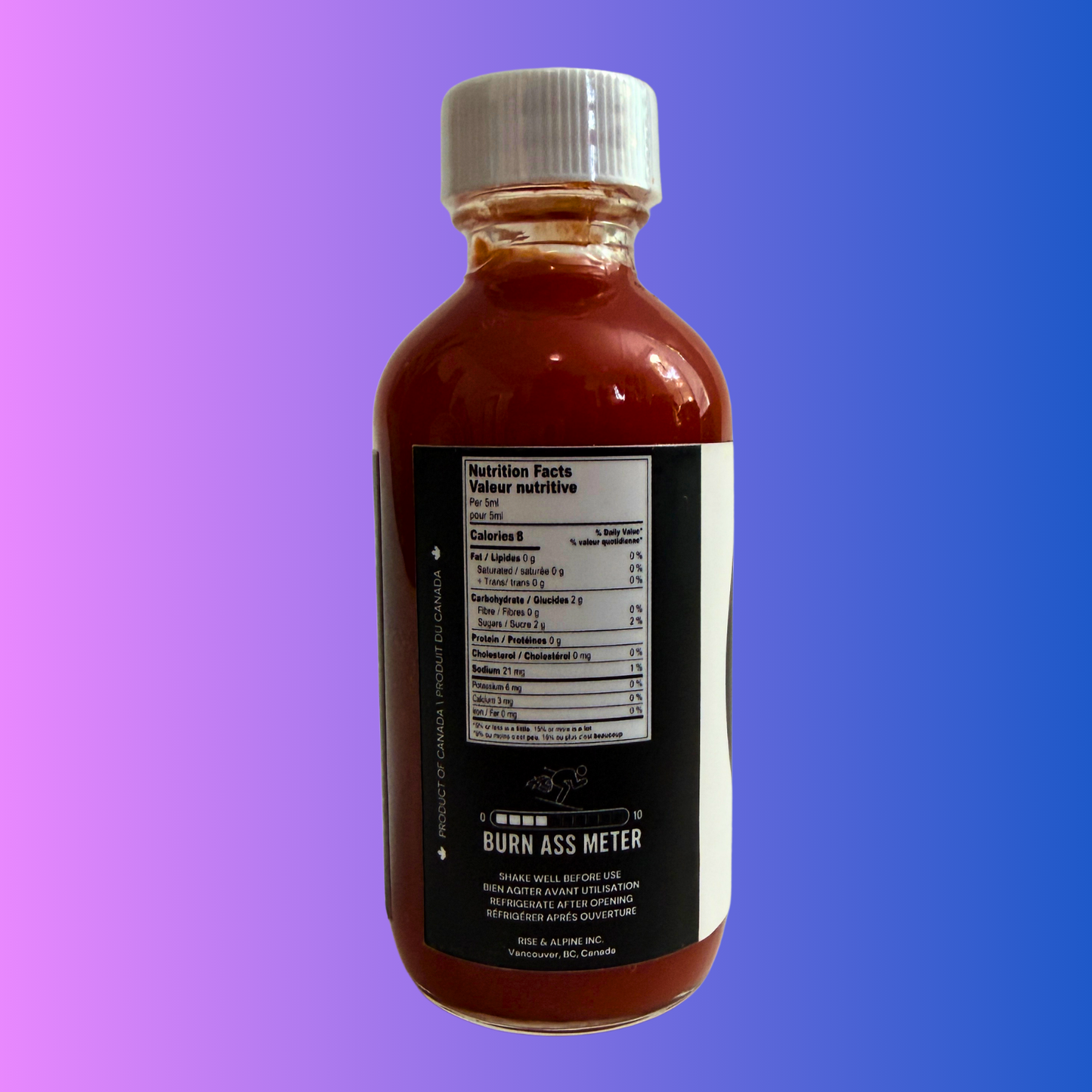 Liquid Courage Send It Syrup maple ski sauce. Side view with description. Side view with ingredients and burn ass meter 