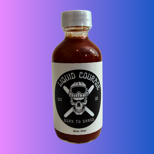 Liquid Courage Born To Shred Chipotle Flavoured Smokey Ski Sauce. Bottle Front View. Rise & Alpine Hot Sauce. 